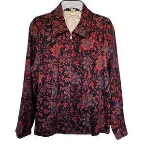 Vintage Notations Black Floral Full Zip Microfiber Velveteen Jacket Top Size XL